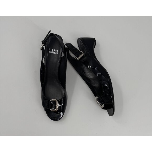 Stuart Weitzman Patent Leather Peep-Toe Slingback Heels Silver Buckle Narrow 8SS - Picture 7 of 10